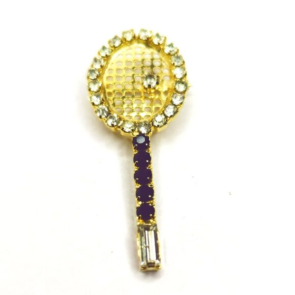 Vintage Gold-Tone Tennis Racket Brooch Pin With Rhinestones - Picture 2 of 4